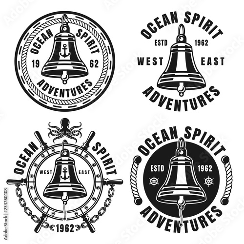 Nautical black emblems with ship bell isolated