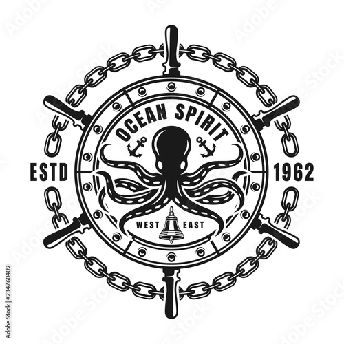 Nautical emblem with steering wheel and octopus