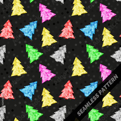 Seamless pattern with abstract Christmas trees of different colors. Shiny, precious stones. Endless ornament. Vector illustration.