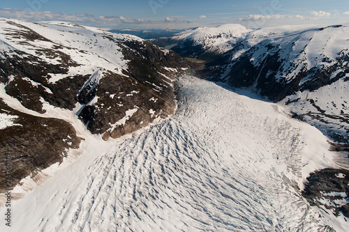 aerial landscape of the Tunsbergdalsbreen, Norway's largest glacier arm of the Jostedalsbreen ice cap photo