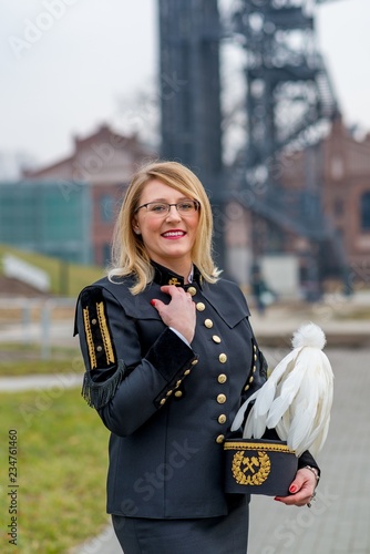Woman black coal miner foreman in gala parade uniform