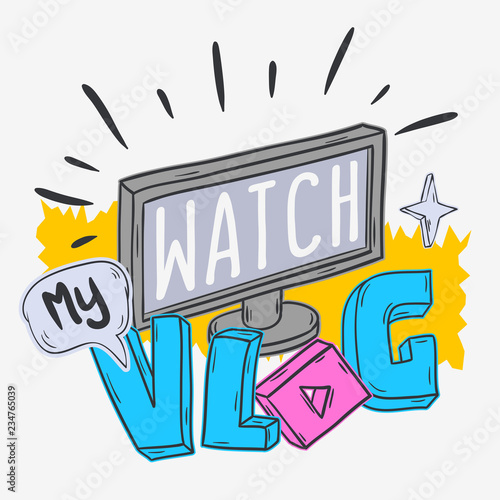 Vlog Video Blog Social Media Cartoon Style Design Watch My Vlog Call To Action Vector Graphic