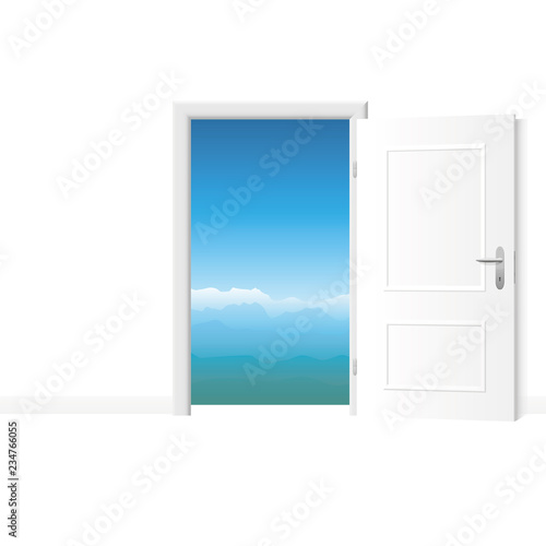 Open white door with mountain view. Bright white room with access to fresh and pure air. Vector illustration.