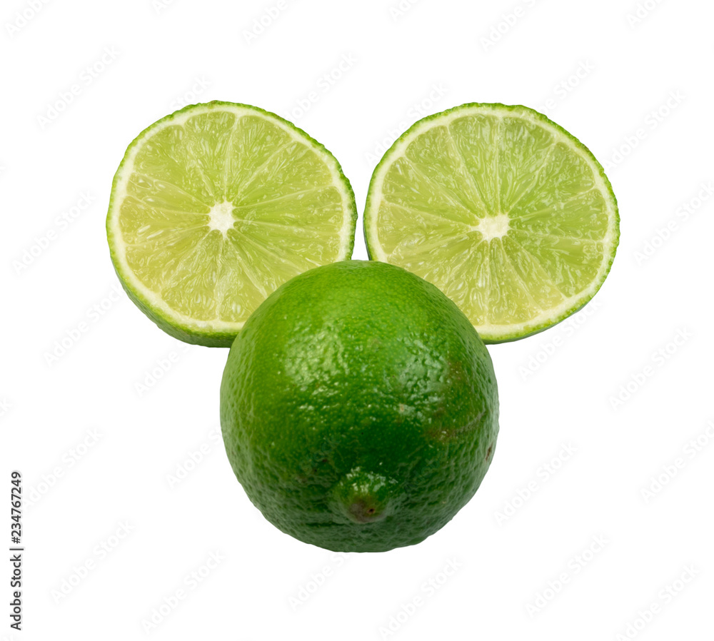 Sour key whole and sliced lime isolated