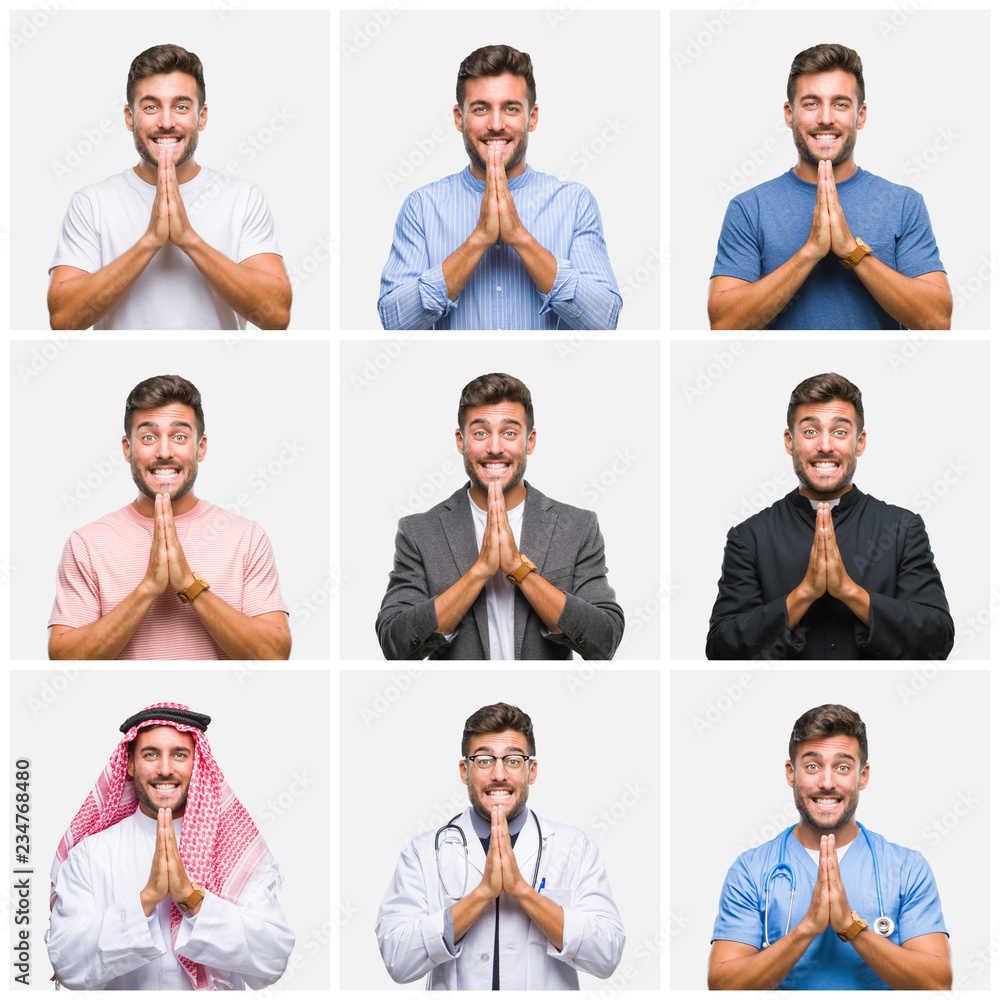 Collage of young doctor arab business man isolated background praying with hands together asking for forgiveness smiling confident. Collage of young doctor arab business man isolated background praying with hands together asking for forgiveness smiling confident.