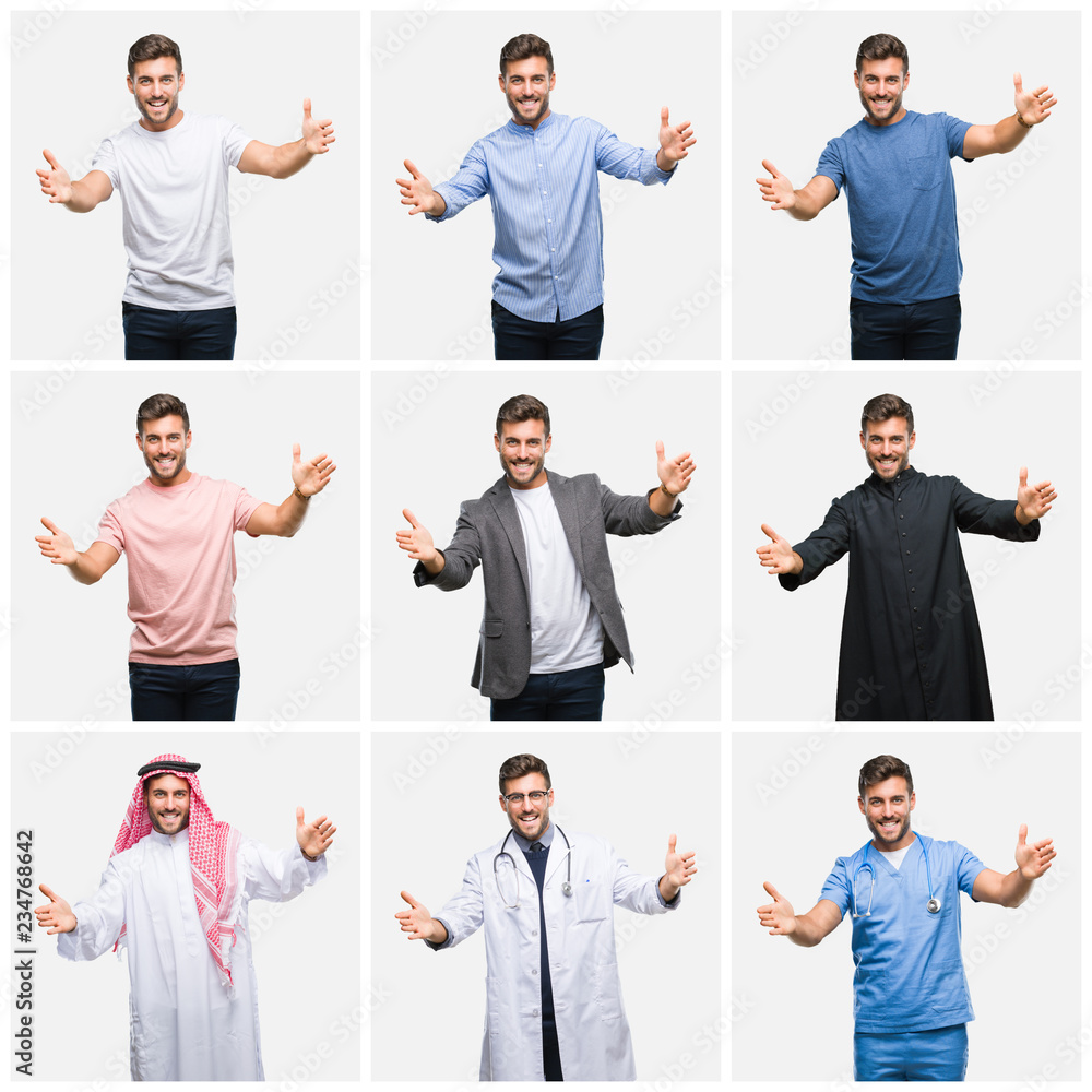Collage of young doctor arab business man isolated background looking at the camera smiling with open arms for hug. Cheerful expression embracing happiness. Collage of young doctor arab business man isolated background looking at the camera smiling with open arms for hug. Cheerful expression embracing happiness.