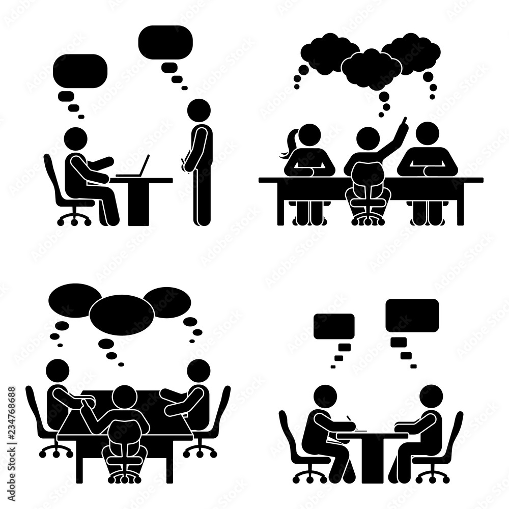 Stick figure speech bubble meeting set. Group of people talking in