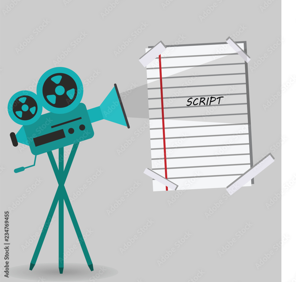 Vintage professional camera for movies and a script page