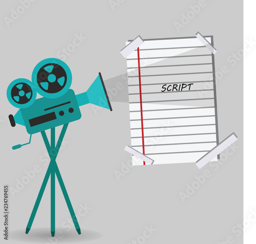 Vintage professional camera for movies and a script page