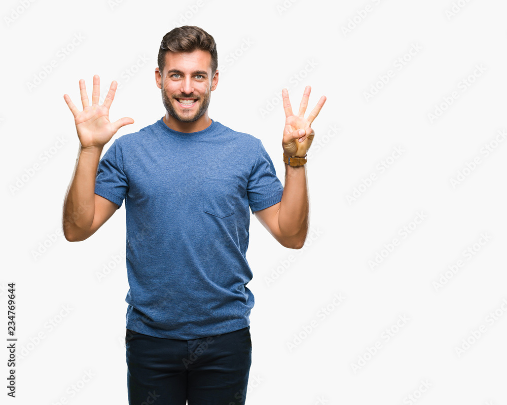 Young handsome man over isolated background showing and pointing up with fingers number eight while smiling confident and happy. Young handsome man over isolated background showing and pointing up with fingers number eight while smiling confident and happy.