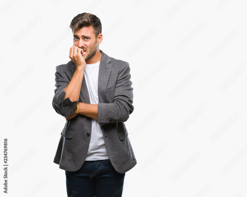 Young handsome business man over isolated background looking stressed and nervous with hands on mouth biting nails. Anxiety problem. Young handsome business man over isolated background looking stressed and nervous with hands on mouth biting nails. Anxiety problem.