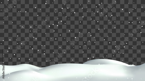 Realistic snow hills landscape. Vector snowdrift with falling snowflakes illustration. Winter background.