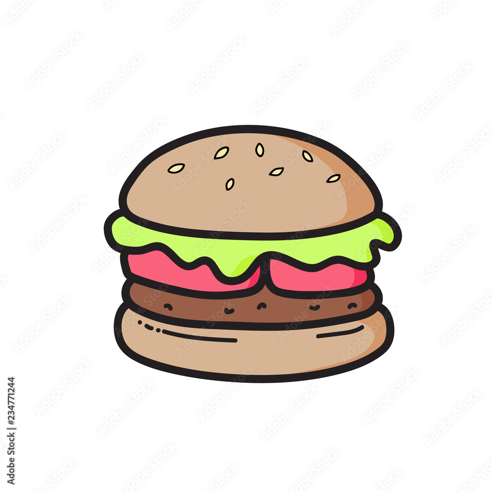 Cute cheeseburger drawing. Junk food. Vector isolated. Illustration. Stock Vector Adobe Stock