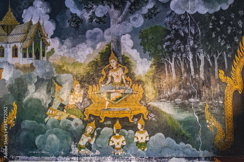 Fresco depicting a scene from the life of Buddha at wall of Wat Phra That Doi Suthep  which is the major tourist destination in Chiang Mai  Thailand.