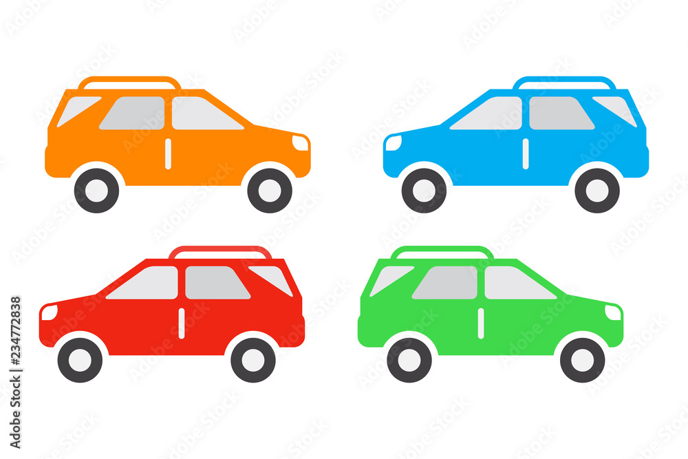 Car icon set, suv vehicle color icons, orange, blue, red and green isolated on white background.