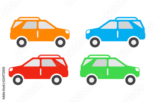 Car icon set  suv vehicle color icons  orange  blue  red and green isolated on white background.