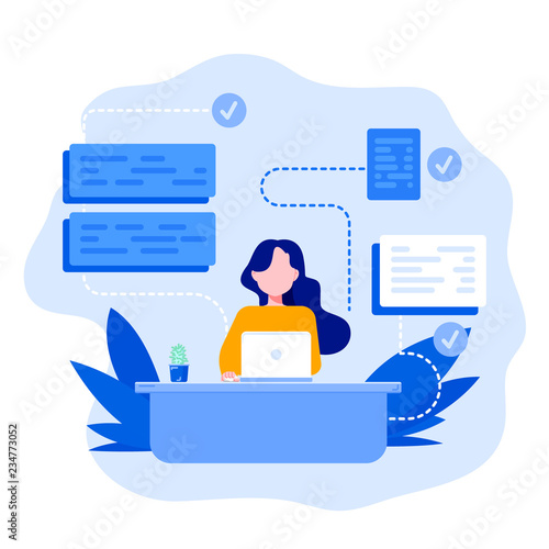 Business concept. A young girl sitting and working. Creating a new project on the laptop