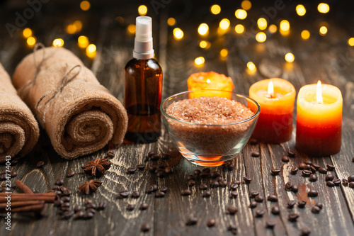 Spa and wellness center with bath salt and towels and candles. aromatherapy  skin care and health concept
