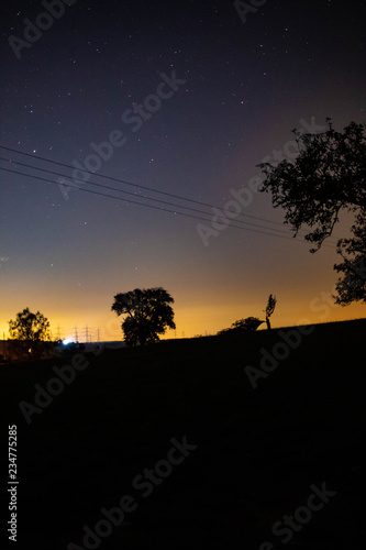 Sternenhimmel und Stadtbeleuchtung bei Nacht   ber B  umen