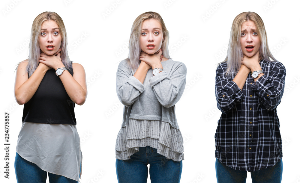 Fototapeta premium Collage of beautiful blonde young woman over isolated background shouting and suffocate because painful strangle. Health problem. Asphyxiate and suicide concept.