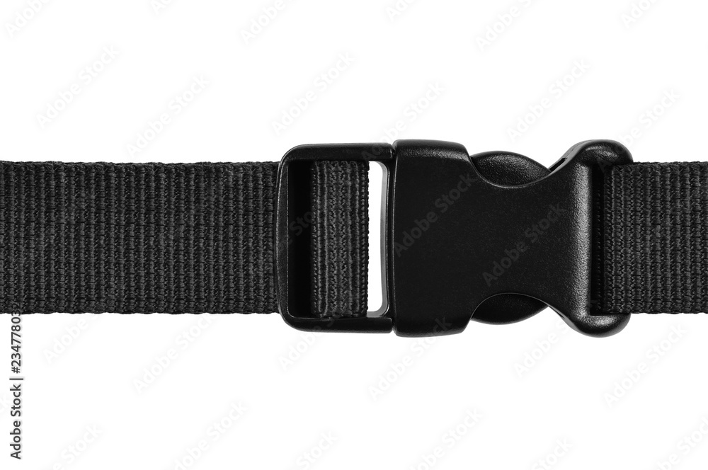 Black side release acculoc buckle plastic clasp, quick nylon belt rope lock strap, isolated macro closeup, large detailed horizontal accessory studio shot Black side release acculoc buckle plastic clasp, quick nylon belt rope lock strap, isolated macro closeup, large detailed horizontal accessory studio shot