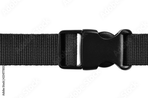 Black side release acculoc buckle plastic clasp, quick nylon belt rope lock strap, isolated macro closeup, large detailed horizontal accessory studio shot photo