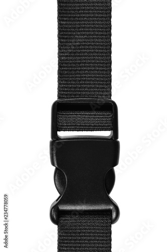 Black side release acculoc buckle plastic clasp, quick nylon belt rope lock strap, isolated macro closeup, large detailed vertical accessory studio shot photo