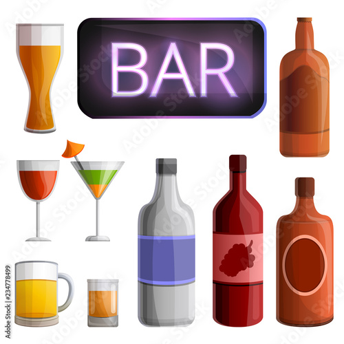 set of cartoon bar and alcohol icons, vector illustration