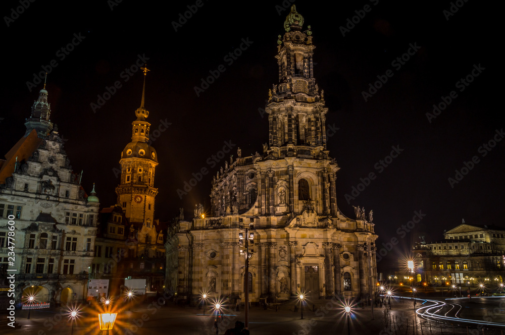 Catholic Court Church Katholische Hofkirche in the center of old town in Dresden at night