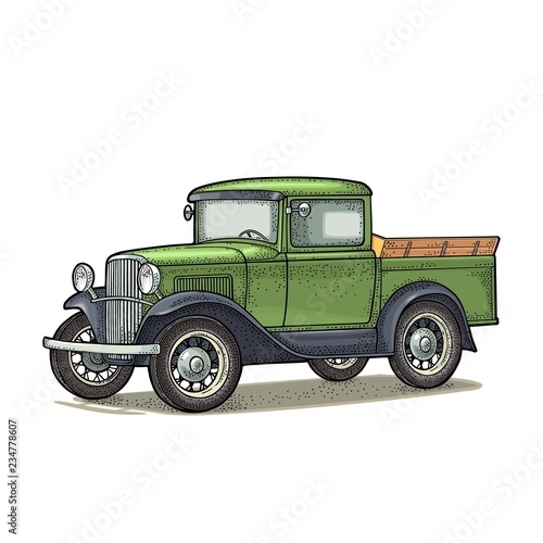 Retro pickup truck. Side view. Vintage black engraving