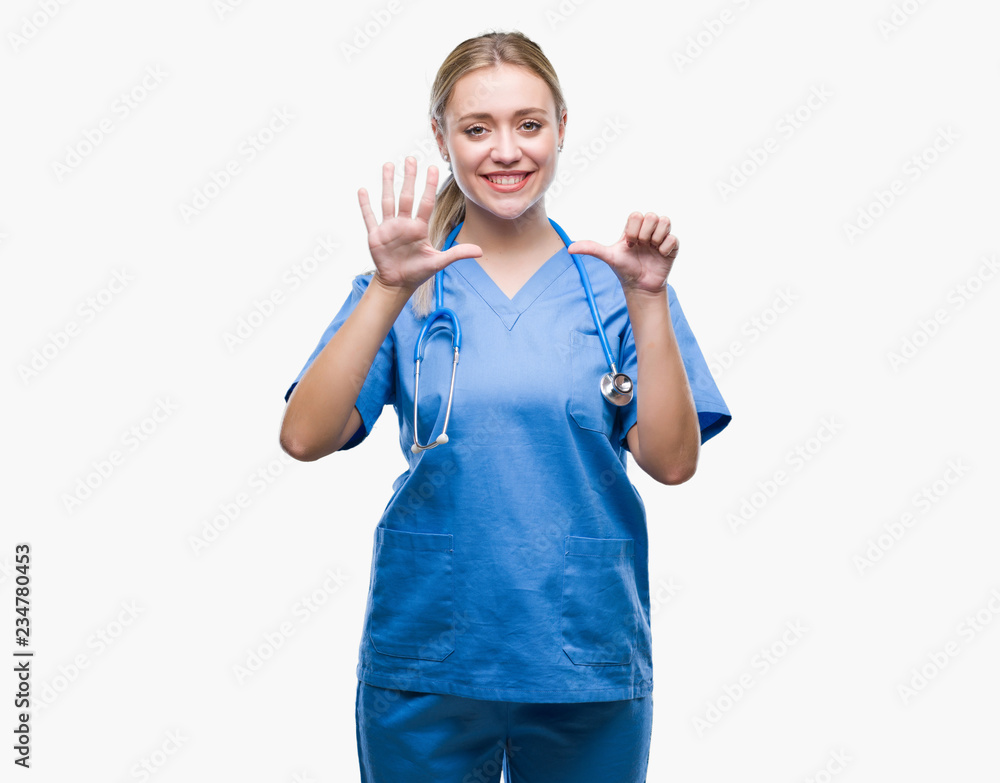Young blonde surgeon doctor woman over isolated background showing and pointing up with fingers number six while smiling confident and happy. Young blonde surgeon doctor woman over isolated background showing and pointing up with fingers number six while smiling confident and happy.