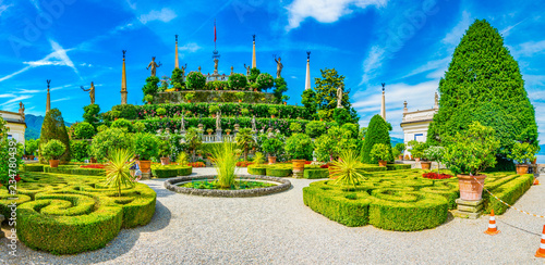 beautiful fountain inside of gardens of the Borromeo Palace on Isola Bella, Italy photo
