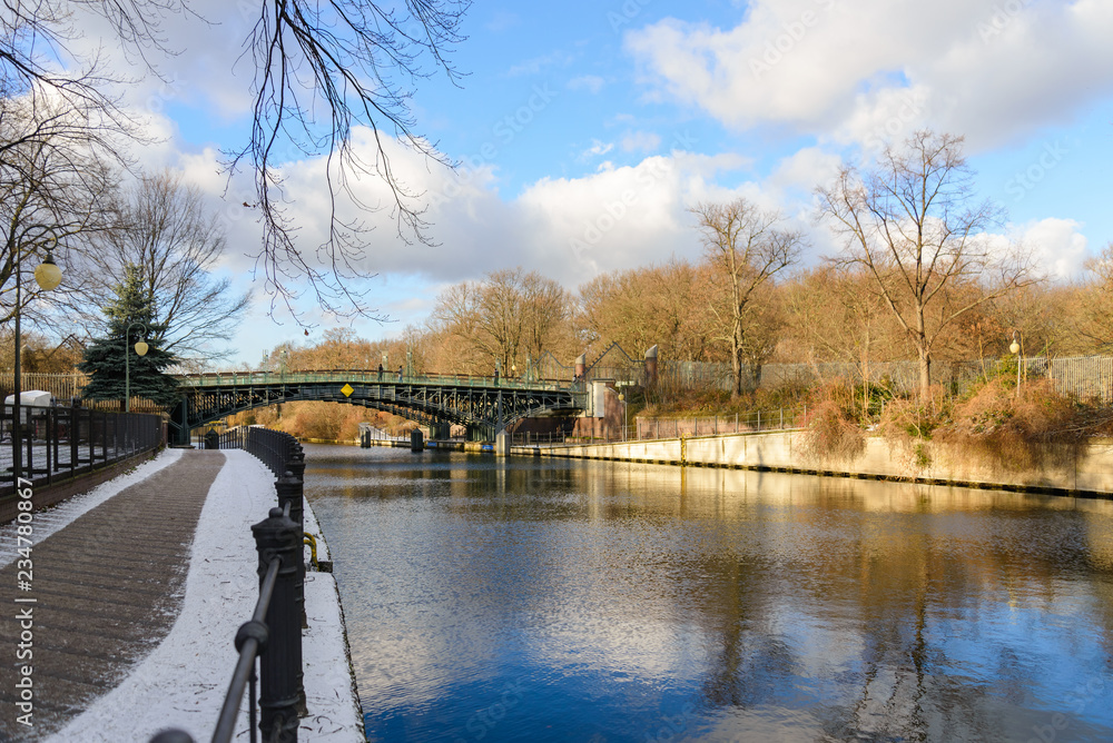 Scenery of walkway and park at riverside along Landwehr Canal located ...