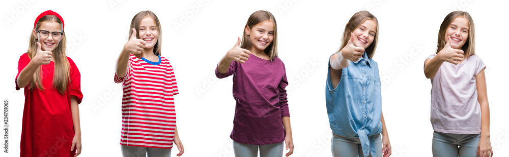 Collage of young beautiful little girl kid over isolated background doing happy thumbs up gesture with hand. Approving expression looking at the camera with showing success. Collage of young beautiful little girl kid over isolated background doing happy thumbs up gesture with hand. Approving expression looking at the camera with showing success.