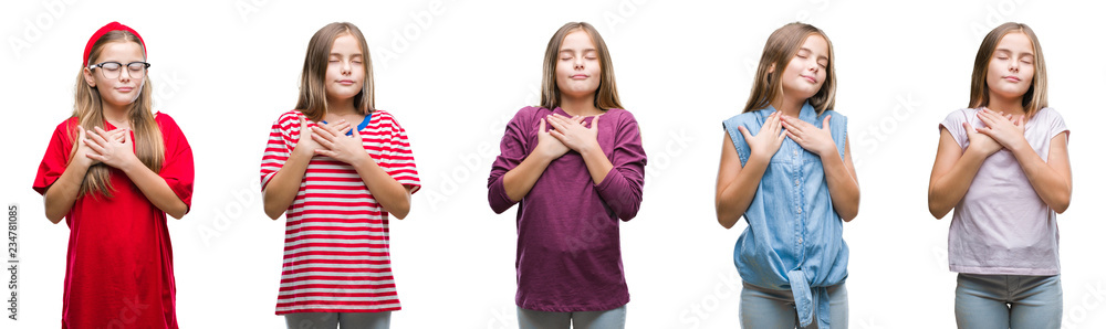 Collage of young beautiful little girl kid over isolated background smiling with hands on chest with closed eyes and grateful gesture on face. Health concept. Collage of young beautiful little girl kid over isolated background smiling with hands on chest with closed eyes and grateful gesture on face. Health concept.