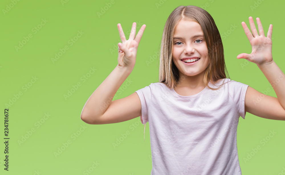 Young beautiful girl over isolated background showing and pointing up with fingers number eight while smiling confident and happy. Young beautiful girl over isolated background showing and pointing up with fingers number eight while smiling confident and happy.