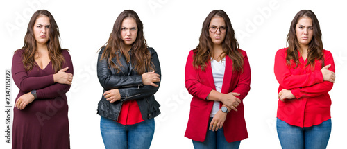 Collage of beautiful plus size business woman over isolated background skeptic and nervous, disapproving expression on face with crossed arms. Negative person.