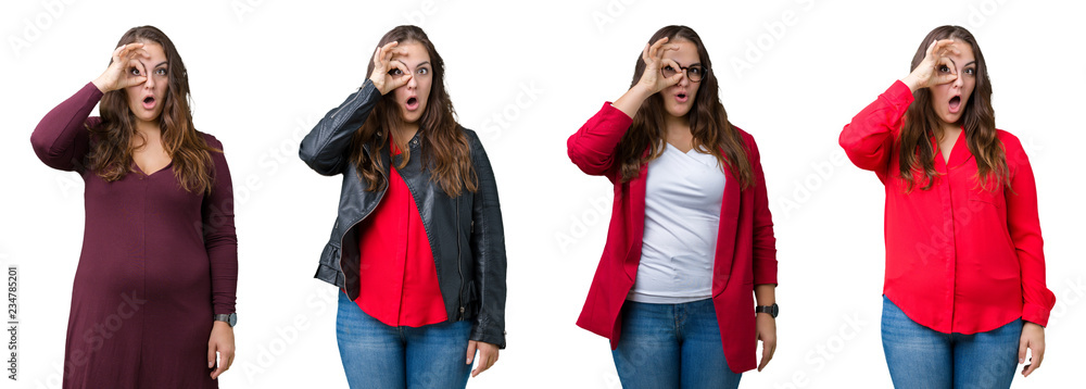 Naklejka premium Collage of beautiful plus size business woman over isolated background doing ok gesture shocked with surprised face, eye looking through fingers. Unbelieving expression.