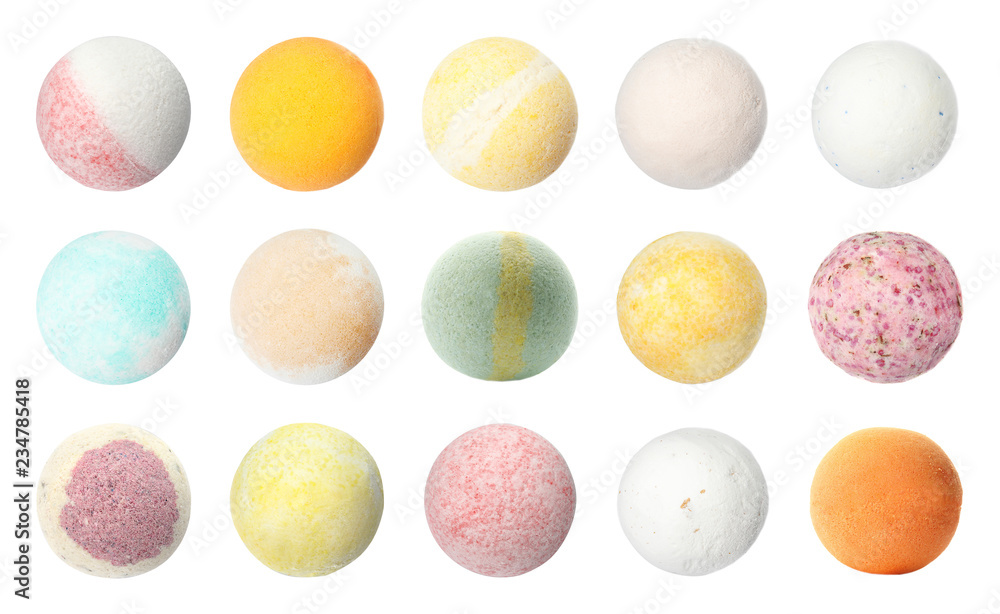Set with aromatic bath bombs on white background Set with aromatic bath bombs on white background