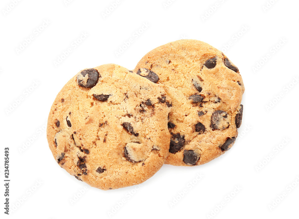 Tasty chocolate chip cookies on white background, top view Tasty chocolate chip cookies on white background, top view