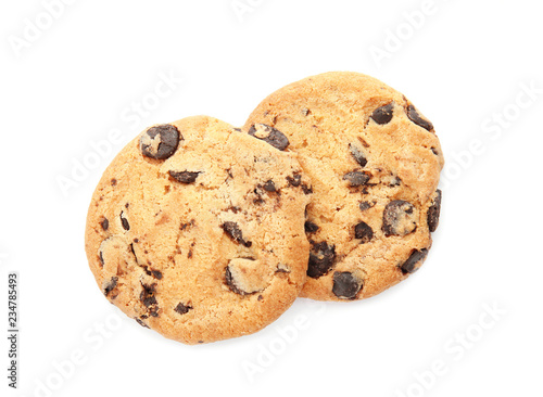 Tasty chocolate chip cookies on white background, top view