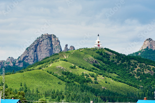 Obraz na plátně The Lama mountain and tower of Balin town Hulunbuir city, China.