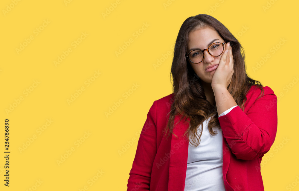 Beautiful plus size young business woman wearing elegant jacket and glasses over isolated background thinking looking tired and bored with depression problems with crossed arms.