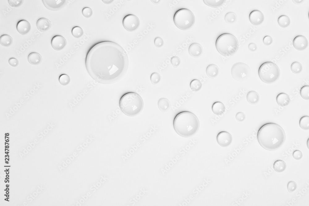 Water drops on white background, top view. Space for text - obrazy, fototapety, plakaty 