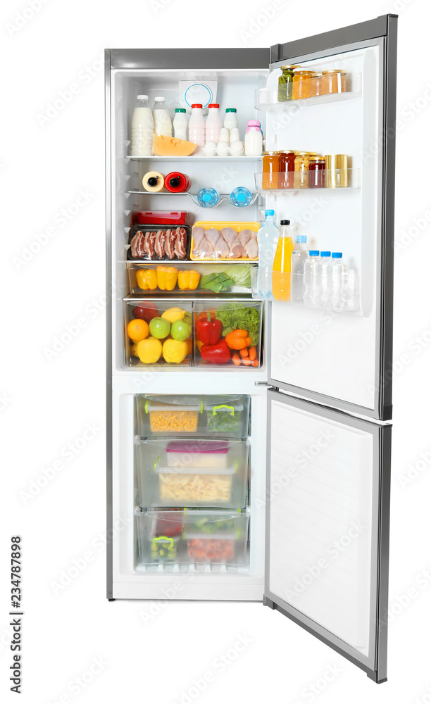 Open refrigerator with many different products on white background Open refrigerator with many different products on white background