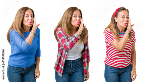 Collage of beautiful middle age woman over isolated background hand on mouth telling secret rumor, whispering malicious talk conversation