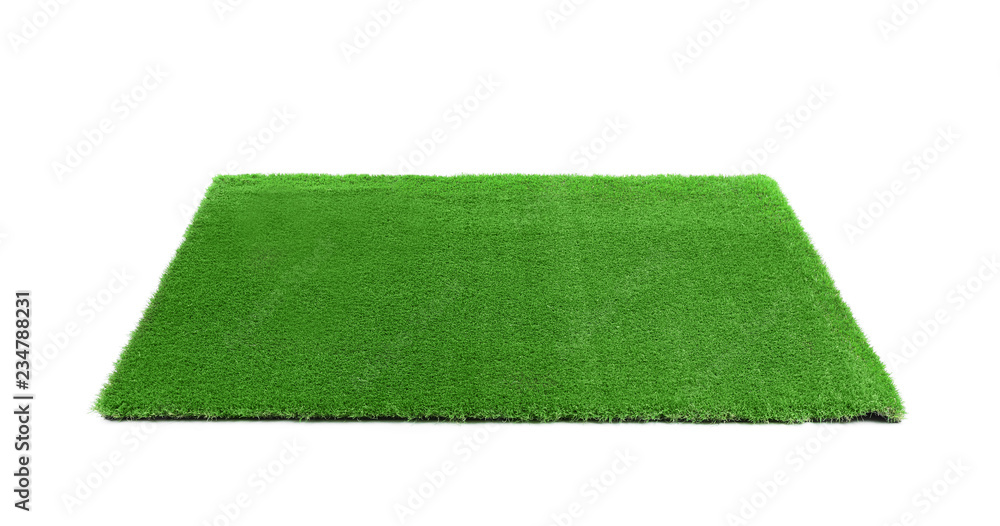 Artificial grass carpet on white background. Exterior element - obrazy, fototapety, plakaty 