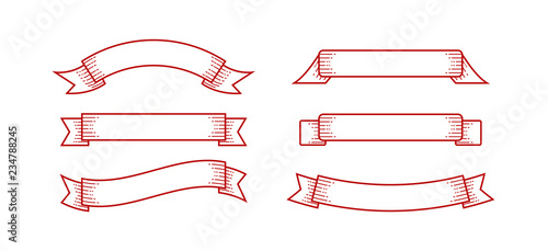 Set banner ribbon with engrave line art shading monoline badge elements asset