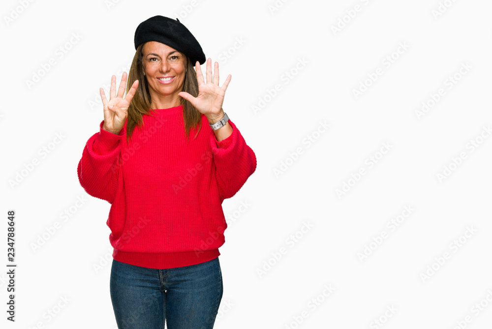 Middle age adult woman wearing fashion beret over isolated background showing and pointing up with fingers number nine while smiling confident and happy. Middle age adult woman wearing fashion beret over isolated background showing and pointing up with fingers number nine while smiling confident and happy.