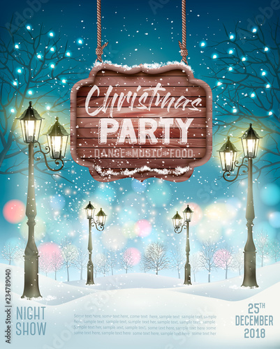 Christmas Holiday Party Flyer background with evening winter landscape. Vector